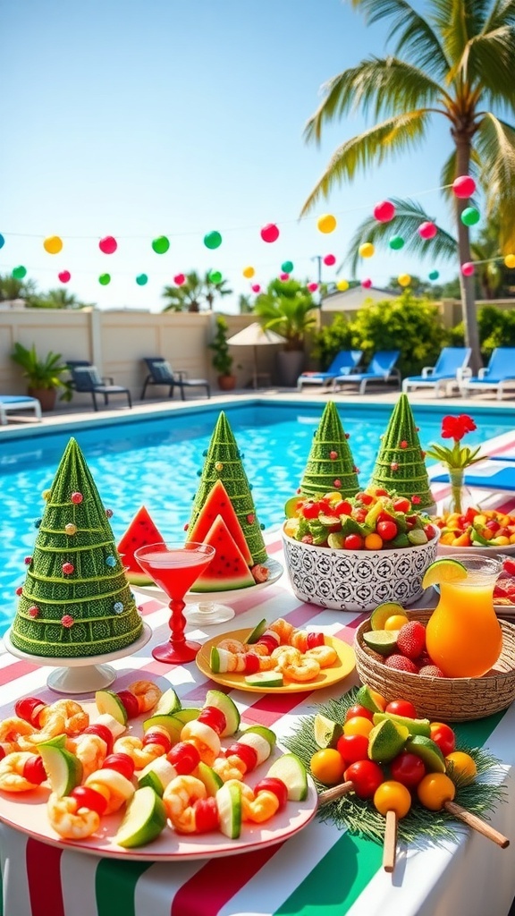 Festive Pool Party Food for Christmas in July A festive pool party table with holiday-themed food: watermelon trees, shrimp cocktail, caprese skewers, and fruit salad.